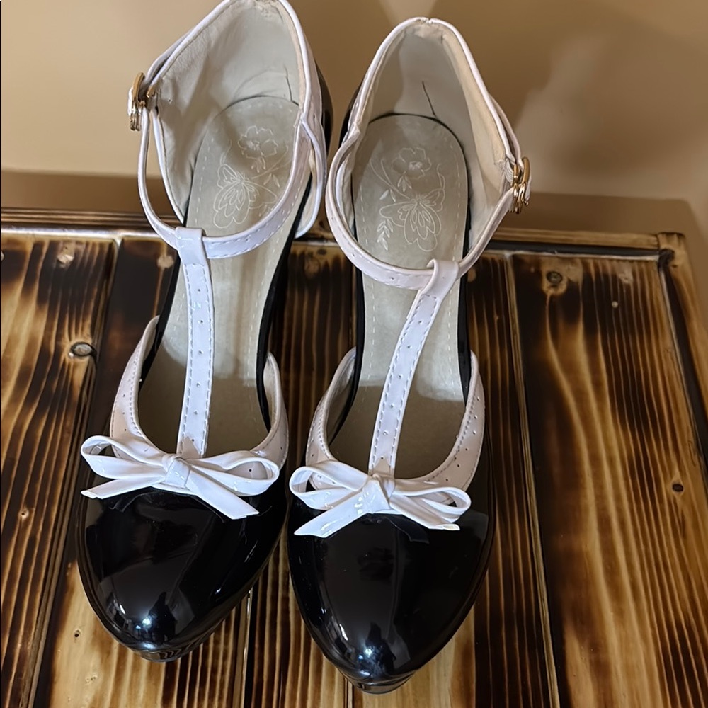 Elegant Black and White T-Strap Heels